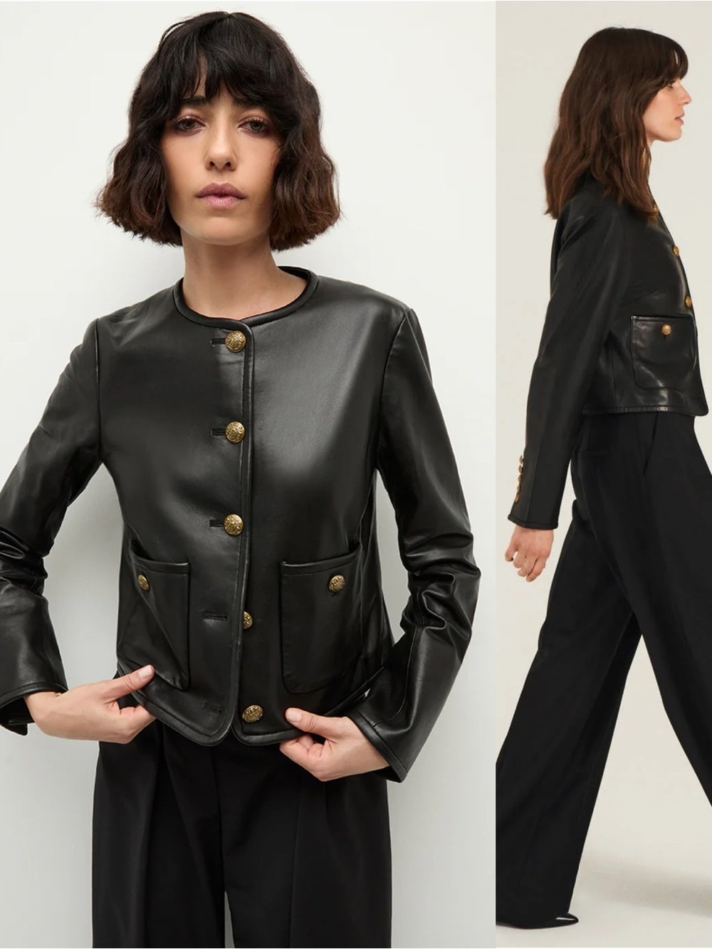 Veronica Beard Andrea Black Lambskin Leather Jacket Brass Buttons